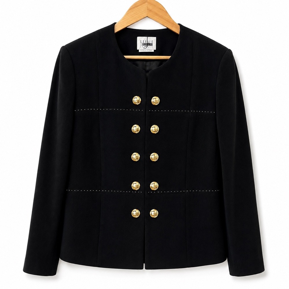 Leslie Fay Petite Blue Faux Suede Military Blazer Gold Button Jacket 16P